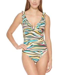 DKNY Women's Printed Ruffled Tummy-Control One-Piece Swimsuit Multi-Color 6 - Picture 1 of 1