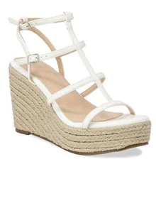 Damen weiße Riemchen Espadrille Keilabsatz Sandalen mit geflochtenem Jute Plateau - Bild 1 von 3