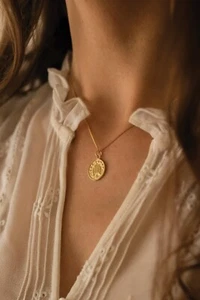 Chunky Gold Lucky Penny Coin Medallion Necklace, Disc Layer Long Choker Chain - Picture 1 of 6