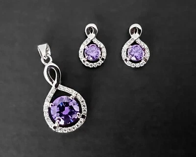 Lab-Created Amethyst Figure 8 Round Pendant Sterling Silver Plate Earrings Set - Image 1 of 4