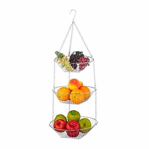 Relaxdays, Argento Portafrutta 3 Ripiani, Cesto per la Frutta da Appendere, Salv - Immagine 1 di 1