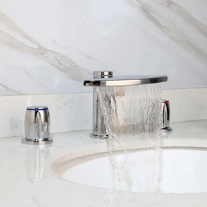 3 PIEZAS Grifo de baño Cascada Pico Manijas Dobles Cubierta Montado Latón Grifo Mezclador - Imagen 1 de 8