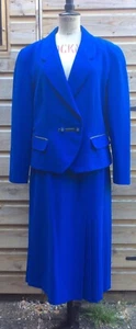 Jacque Vert Vintage Blue Suit 14 Black Faux Leather Details Pleats in Skirt - Picture 1 of 9