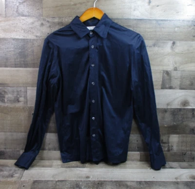 Camisa masculina Gran Sasso tamanho médio 50 azul marinho visão leve botão para cima Itália - Imagem 1 de 4