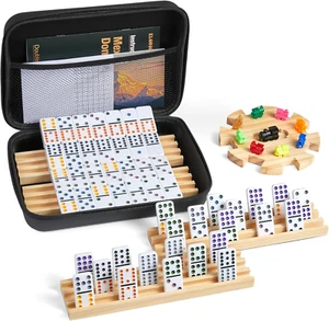 Mexican Train Double 12 Dominoes Set with 4 Wooden Trays/Racks in Portable Carry - Picture 1 of 8