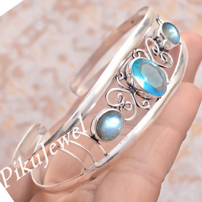 Blautopas & Labradorit Edelstein 925 Sterling Silber Armreif für jedermann - Bild 1 von 4