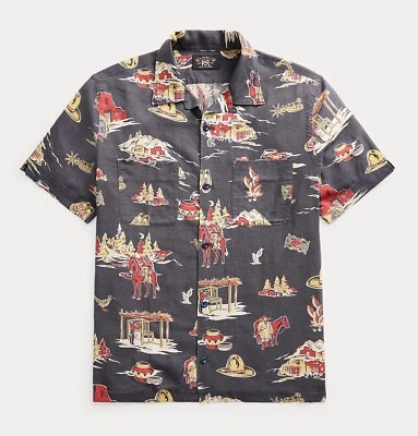 RRL Ralph Lauren 1940s Inspired Western Print Linen Camp Shirt-MEN- S - Image 1 of 3