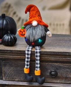 Lighted Gnome Wearing Orange Spiderweb Witch Hat Halloween Shelf Table Sitter - Picture 1 of 2
