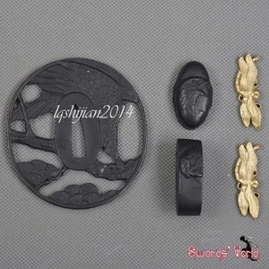 Stainless Steel TSUBA SET Hand guard Kashira Fuchi Brass Menuki Sword Accessary - Picture 1 of 3