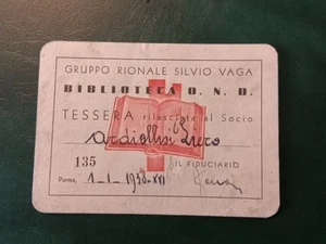 Tessera PNF Gruppo Rionale Fascista Silvio Vaga Parma 1938 Biblioteca OND MVSN - Imagen 1 de 2