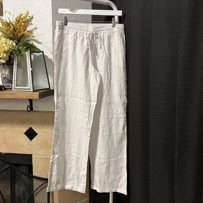 Allen Allen 女式白色亚麻裤子拉绳休闲版型 L 码 — 第 1/4 张图片