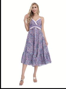 Women’s Size L Summer Maxi Dress Printed V Neck Dress Bohemian Spaghetti Strap - Picture 1 of 4