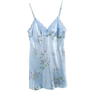 Y2K Floral Lace Trim Mini Slip Dress L Coquette Cottage Fairy Romantic Feminine  - Picture 1 of 8