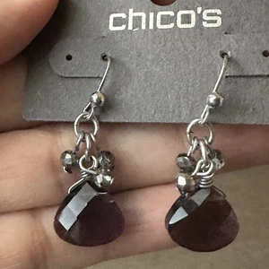 Chicos Hook Dangle Drop Earrings 1.25" Purple Crystals Clear Silver Tone NWT - Picture 1 of 7