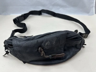 Leather Fanny Pack Vtg 80s Original Black Retro Cool - First Genuine Leather - Image 1 of 4