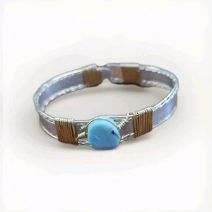 Larimar Bangle Silver And Gold Tone Wire Wrapped Bracelet Hand Made Fits 6.5-7" - Picture 1 of 5