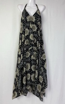 ROBBIE BEE Floral Black  Ivory Pullover Halter Boho Dress Maxi Size L - Image 1 of 4