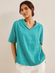 LINTICO Blouse Women Large Teal 100% Linen V-Neck Short Sleeve Shirt SIERRA - Picture 1 of 5