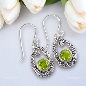 925 Solid Silver Natural Peridot Engagement Boho August Dangle Earrings Jewelry - Picture 1 of 7