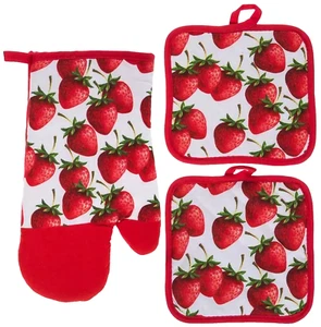 Kitchen set of 3: 2 Same Pot Holders & 1 Oven Mitt(12") STRAWBERRIES,red back,HL - Picture 1 of 9