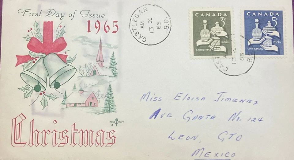 MI) 1965, CANADA, CHRISTMAS, FDC, FROM CASTLEGAR TO GUANAJUATO, XF - Image 1 of 1