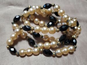 QVC VTG Black Cream Glass Pearl Golden Seed Beaded 25" Classic Necklace