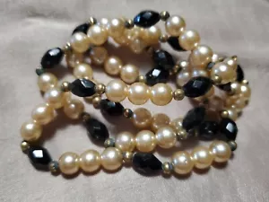 QVC VTG Black Cream Glass Pearl Golden Seed Beaded 25" Classic Necklace - Picture 1 of 11