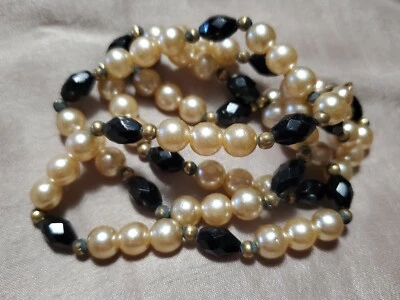 QVC VTG Black Cream Glass Pearl Golden Seed Beaded 25" Classic Necklace - Image 1 of 4