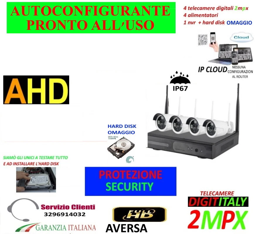 JORTAN KIT WIRELESS VIDEOSORVEGLIANZA AHD 2MP DVR FULL HD 4 TELECAMERE+HARD DISK 500GB