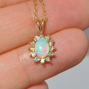 14k massives Gold natürlicher Opal & Diamant Heiligenschein Halskette - 16" Kette Anhänger klein - Bild 1 von 11