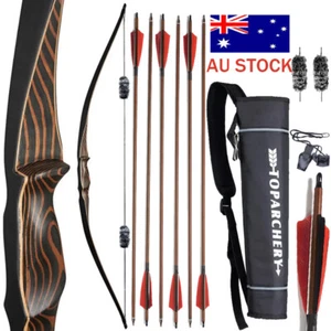 20-70LBS 54" Archery One-Piece Traditional Bow Feather Arrows Wooden Longbow - Picture 1 of 20