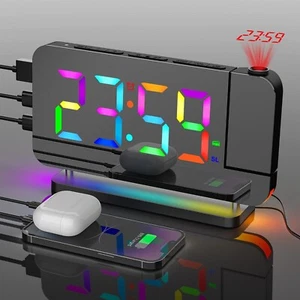 LED Alarm Digital Clock W/RGB FM Radio 180° Projection & RGB Light Mirror 12/24H - Picture 1 of 31