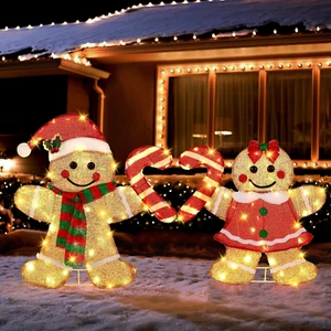 22.5’’ Lighted Christmas Yard Decoration 2Pcs Light up Gingerbread Man Couple - Picture 1 of 12