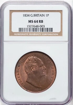 GREAT BRITAIN WILLIAM IV  1834  1 PENNY COIN UNCIRCULATED, NGC CERTIFIED MS64-RB - Image 1 of 3