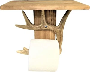 Antler Toilet Paper Holder – Rustic Wall-Mount with Built-In Phone Shelf - Picture 1 of 4