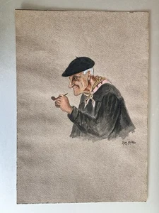 DESSIN GOUACHE SIGNE JAM ETCHA SUR PAPIER "PERSONNAGE BASQUE A LA PIPE" 16 X 23 - Foto 1 di 4