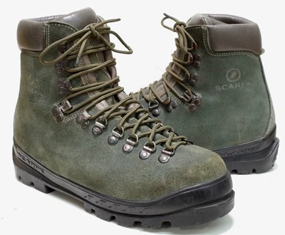 Botas de montanhismo masculinas EUA 10,5 vintage SCARPA couro pesado • UE 44 fabricadas na ITÁLIA - Imagem 1 de 4