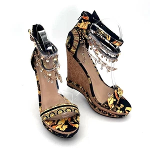 Tacones de cuña Shoedazzle Pomeline textil corcho para mujer talla 9 negro amarillo floral - Imagen 1 de 16