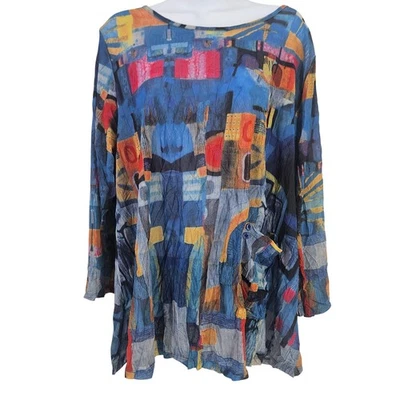 Shana Abstract Print Crinkle Gauze Sheer Tunic Top Shirt Blue Multicolor Art L/G - image 1 of 4