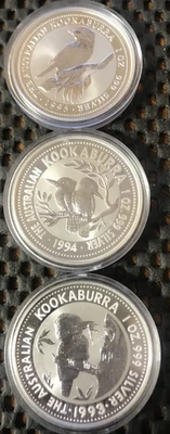 Lote de 3 gemas de plata Australian Kookaburra 1993, 1994, 1995 1 oz .999 BU Foto 1 de 2