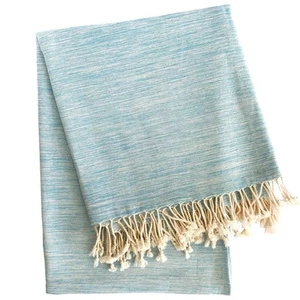 59" X 71" Turquoise Cotton Plain Weave Throw Blanket with Tassels - Picture 1 of 7
