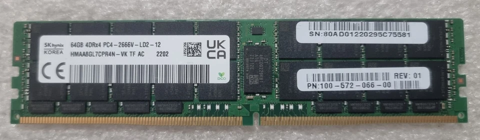 Sk Hynix 1x64GB 4DRx4 PC4-2666v 64GB PC4-21300 ECC Server Memory HMAA8GL7CPR4N - Image 1 of 1