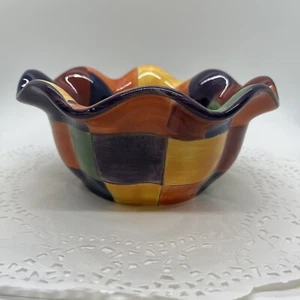 Tabletops Gallery CARACAS 7" Ruffled Rim Dip Serving Bowl Hand Painted Patches - Picture 1 of 6