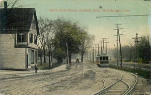 MANCHESTER, CONNECTICUT - NORTH MAIN STREET - TRAIN - OLD POSTCARD VIEW - Picture 1 of 2