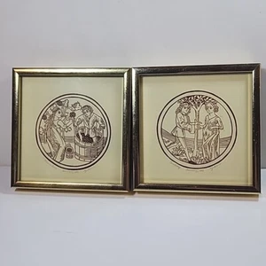 Vtg 2 Framed Linoleum Prints 1974 A. Bjorkman Signed Germany 1498 Renaissance - Picture 1 of 5