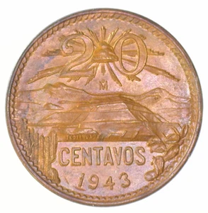 MÉXICO 1943 Mo BRONCE 20 CENTAVOS MARRÓN SIN CIRCULAR (KM#439) - Imagen 1 de 2
