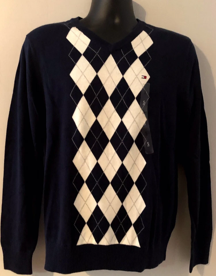 Tommy Hilfiger Men’s V-neck knit sweater Plaid in white/navy Size XL - Image 1 of 1