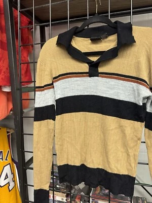Vintage 1970s Landmark Yellow Striped V Neck Collared Sweater Size Medium - Image 1 of 4
