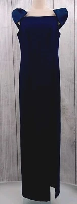 Aiden by Adrianna Papell Crepe Off-The-Shoulder Long Column Gown Navy Blue 4-AF5 - Image 1 of 4