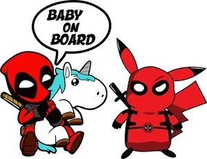 Deadpool Baby On Board Decal Bumper Sticker Dead Pool Baby Unicorn FUNNY Pikachu - Picture 1 of 2